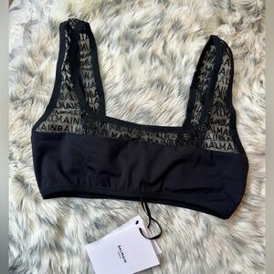 NWT Balmain Black Bra Top Embroidered Logo Tulle Mesh Square Neck 36 XS Small
